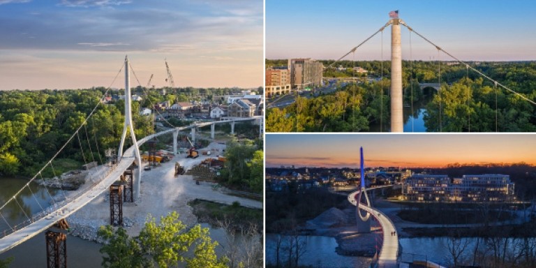 Three photographs of the Dublin Link bridge in Dublin, Ohio 
